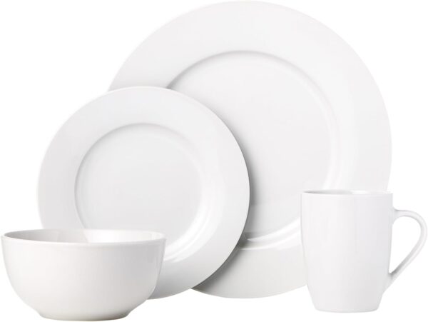Basics 16-Piece Porcelain Kitchen Dinnerware Set with Plates, Bowls and Mugs, Service for 4 - White