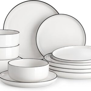 12 Pieces Modern Porcelain Dinnerware Set for 4 White Kitchen Dinner Dining Ware Set wtih Black Rim Ceramic Dishware Dishes Microwave and Dishwasher Safe