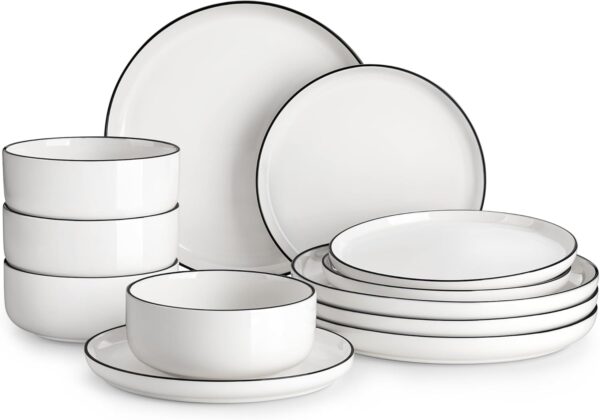 12 Pieces Modern Porcelain Dinnerware Set for 4 White Kitchen Dinner Dining Ware Set wtih Black Rim Ceramic Dishware Dishes Microwave and Dishwasher Safe