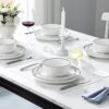 12 Pieces Modern Porcelain Dinnerware Set for 4 White Kitchen Dinner Dining Ware Set wtih Black Rim Ceramic Dishware Dishes Microwave and Dishwasher Safe