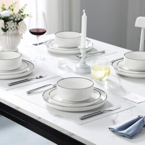 12 Pieces Modern Porcelain Dinnerware Set for 4 White Kitchen Dinner Dining Ware Set wtih Black Rim Ceramic Dishware Dishes Microwave and Dishwasher Safe