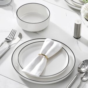 12 Pieces Modern Porcelain Dinnerware Set for 4 White Kitchen Dinner Dining Ware Set wtih Black Rim Ceramic Dishware Dishes Microwave and Dishwasher Safe