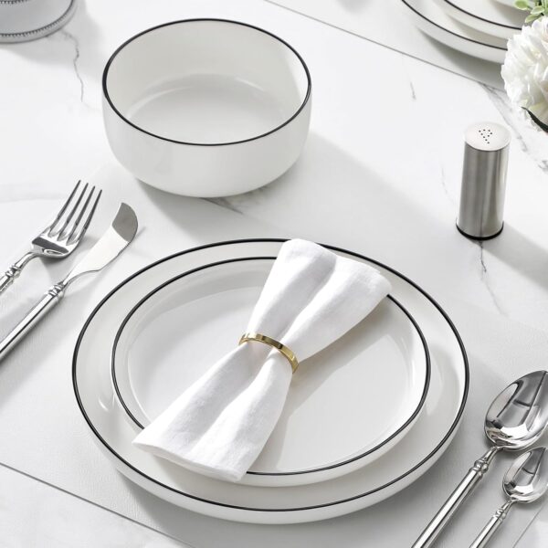 12 Pieces Modern Porcelain Dinnerware Set for 4 White Kitchen Dinner Dining Ware Set wtih Black Rim Ceramic Dishware Dishes Microwave and Dishwasher Safe