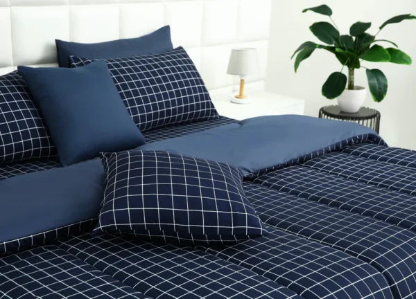 5 PCs Single Comforter Set-Blue Check