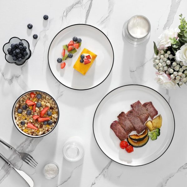 12 Pieces Modern Porcelain Dinnerware Set for 4 White Kitchen Dinner Dining Ware Set wtih Black Rim Ceramic Dishware Dishes Microwave and Dishwasher Safe