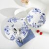 Complete 12-Piece Set: Includes 4 dinner plates, 4 salad plates, and 4 cereal bowls – perfect for serving meals for four. Durable Porcelain: Made from high-quality porcelain for lasting durability, ideal for everyday use and special occasions. Elegant Embossed Toile Design: Features a classic blue embossed Toile pattern with a glossy finish, adding timeless sophistication to your table. Great for Gifting & Space Saving: Perfect for gifting on special occasions. The stackable design ensures easy storage, saving space in your kitchen. Dishwasher Safe & Made in Indonesia: Easy to clean and maintain, this set is dishwasher safe and crafted in Indonesia for superior quality.