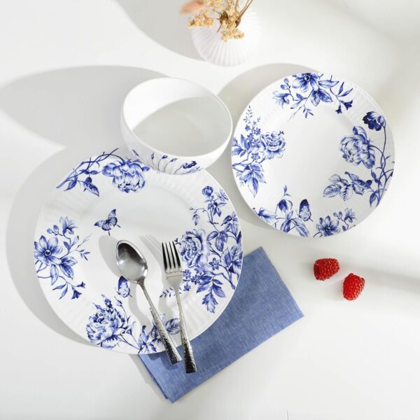 Complete 12-Piece Set: Includes 4 dinner plates, 4 salad plates, and 4 cereal bowls – perfect for serving meals for four. Durable Porcelain: Made from high-quality porcelain for lasting durability, ideal for everyday use and special occasions. Elegant Embossed Toile Design: Features a classic blue embossed Toile pattern with a glossy finish, adding timeless sophistication to your table. Great for Gifting & Space Saving: Perfect for gifting on special occasions. The stackable design ensures easy storage, saving space in your kitchen. Dishwasher Safe & Made in Indonesia: Easy to clean and maintain, this set is dishwasher safe and crafted in Indonesia for superior quality.