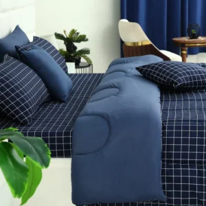 5 PCs Single Comforter Set-Blue Check