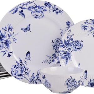 Complete 12-Piece Set: Includes 4 dinner plates, 4 salad plates, and 4 cereal bowls – perfect for serving meals for four. Durable Porcelain: Made from high-quality porcelain for lasting durability, ideal for everyday use and special occasions. Elegant Embossed Toile Design: Features a classic blue embossed Toile pattern with a glossy finish, adding timeless sophistication to your table. Great for Gifting & Space Saving: Perfect for gifting on special occasions. The stackable design ensures easy storage, saving space in your kitchen. Dishwasher Safe & Made in Indonesia: Easy to clean and maintain, this set is dishwasher safe and crafted in Indonesia for superior quality.