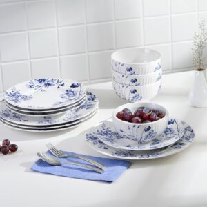 Complete 12-Piece Set: Includes 4 dinner plates, 4 salad plates, and 4 cereal bowls – perfect for serving meals for four. Durable Porcelain: Made from high-quality porcelain for lasting durability, ideal for everyday use and special occasions. Elegant Embossed Toile Design: Features a classic blue embossed Toile pattern with a glossy finish, adding timeless sophistication to your table. Great for Gifting & Space Saving: Perfect for gifting on special occasions. The stackable design ensures easy storage, saving space in your kitchen. Dishwasher Safe & Made in Indonesia: Easy to clean and maintain, this set is dishwasher safe and crafted in Indonesia for superior quality.