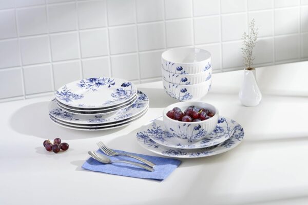 Complete 12-Piece Set: Includes 4 dinner plates, 4 salad plates, and 4 cereal bowls – perfect for serving meals for four. Durable Porcelain: Made from high-quality porcelain for lasting durability, ideal for everyday use and special occasions. Elegant Embossed Toile Design: Features a classic blue embossed Toile pattern with a glossy finish, adding timeless sophistication to your table. Great for Gifting & Space Saving: Perfect for gifting on special occasions. The stackable design ensures easy storage, saving space in your kitchen. Dishwasher Safe & Made in Indonesia: Easy to clean and maintain, this set is dishwasher safe and crafted in Indonesia for superior quality.