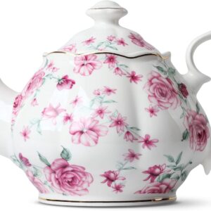 Floral Porcelain Teapot, 38 oz and Coffee Mugs, 12 oz, Set of 6