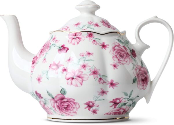 Floral Porcelain Teapot, 38 oz and Coffee Mugs, 12 oz, Set of 6