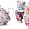 Floral Porcelain Teapot, 38 oz and Coffee Mugs, 12 oz, Set of 6