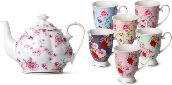 Floral Porcelain Teapot, 38 oz and Coffee Mugs, 12 oz, Set of 6