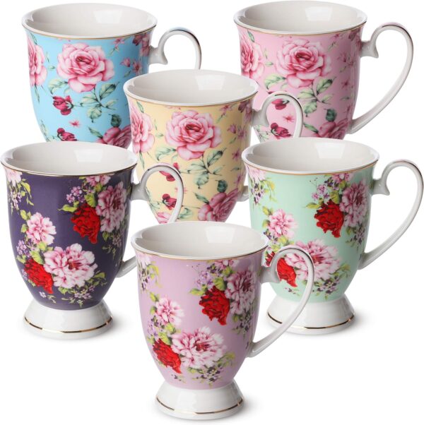 Floral Porcelain Teapot, 38 oz and Coffee Mugs, 12 oz, Set of 6