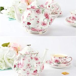 Floral Porcelain Teapot, 38 oz and Coffee Mugs, 12 oz, Set of 6