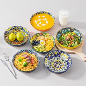 Pasta Bowls, Ceramic Salad Bowls of 6, 32 oz Large Corlorful Serving Bowls for Kitchen, Dishwasher & Microwave Safe Soup Bowls, Pasta Plates