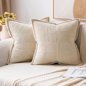 Corduroy Pillow Covers with Splicing Set of 2 Super Soft Boho Striped Pillow Covers