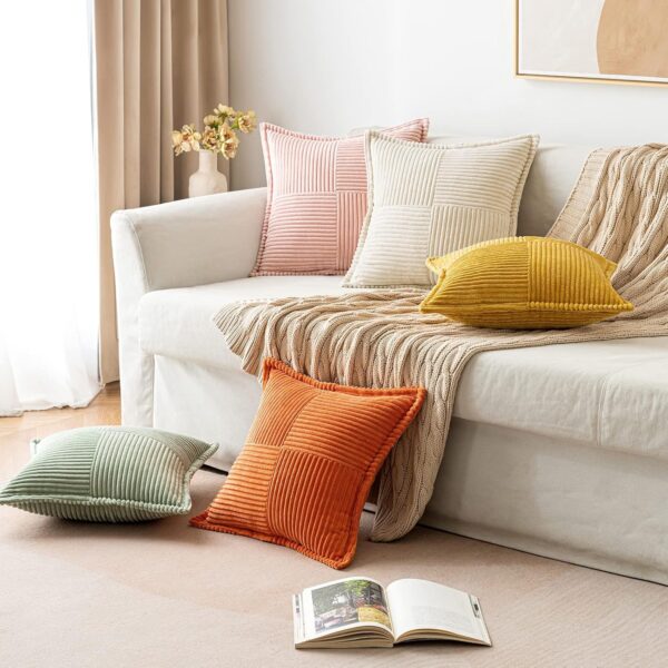 Corduroy Pillow Covers with Splicing Set of 2 Super Soft Boho Striped Pillow Covers