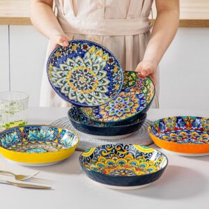 Pasta Bowls, Ceramic Salad Bowls of 6, 32 oz Large Corlorful Serving Bowls for Kitchen, Dishwasher & Microwave Safe Soup Bowls, Pasta Plates